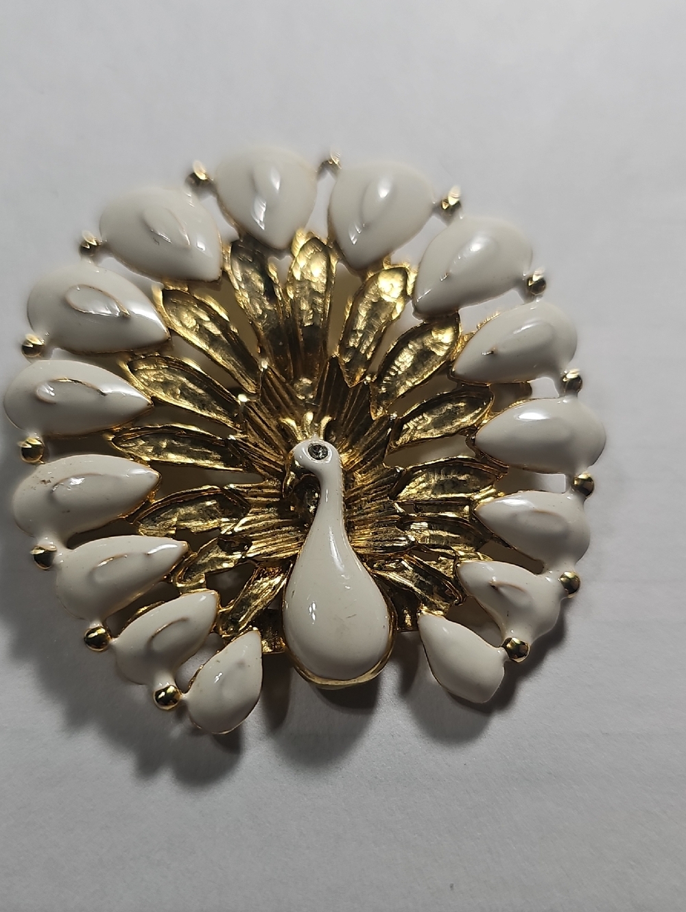 NOR Gold and White Peacock Fan Brooch